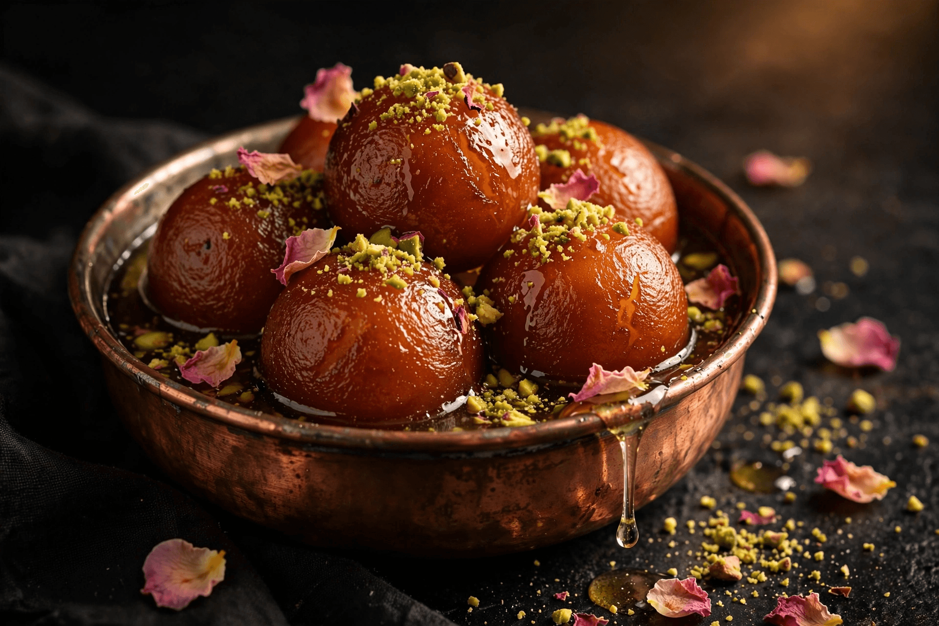 Warm gulab jamun with pistachio and rose petals