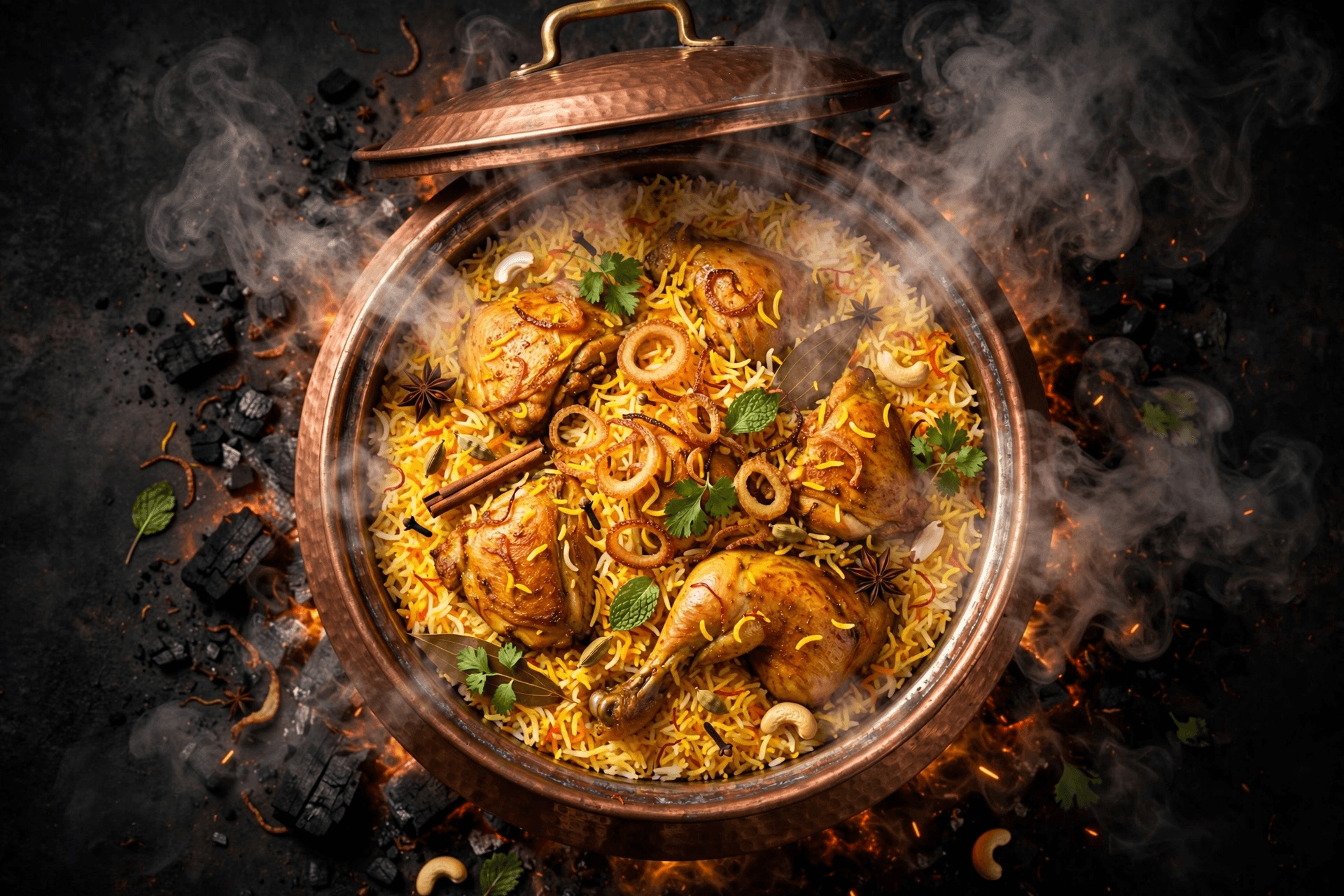 Copper handi filled with steaming biryani over glowing charcoal