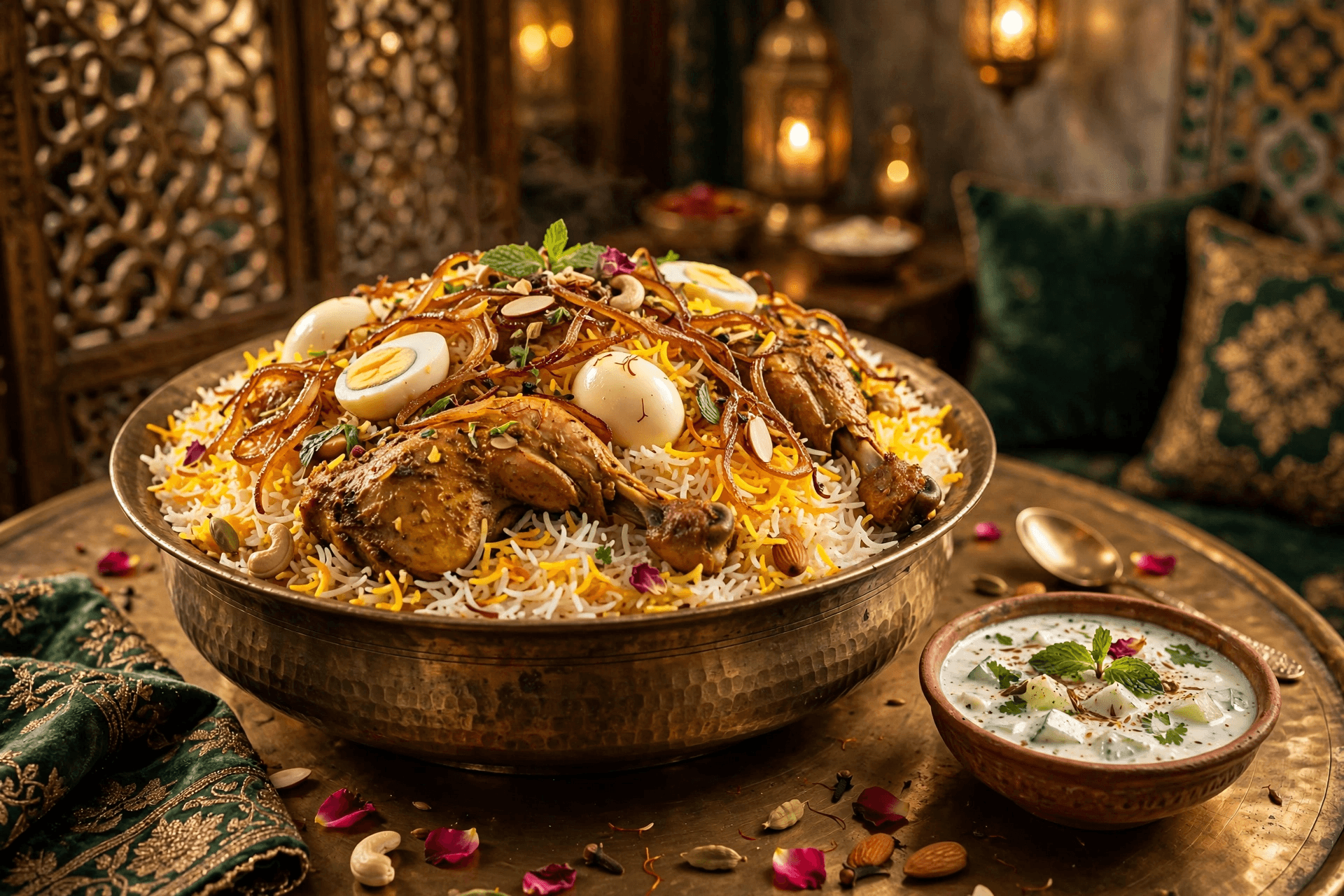 Royal biryani served in a traditional dining room