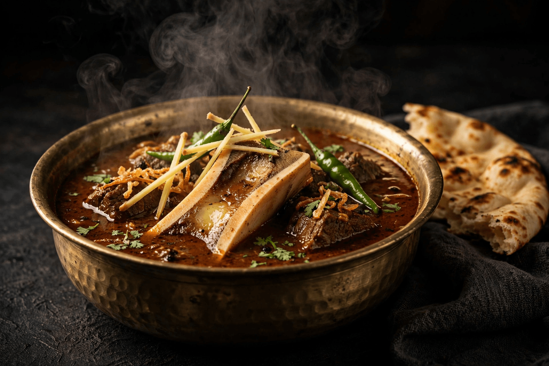 Slow-cooked Lahori nihari in a brass bowl